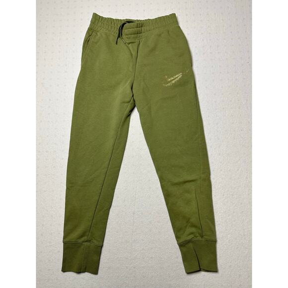Nike Girls Joggers Youth Medium Green Fleece Sweatpants Gold Swoosh Y2K Style - Picture 1 of 5